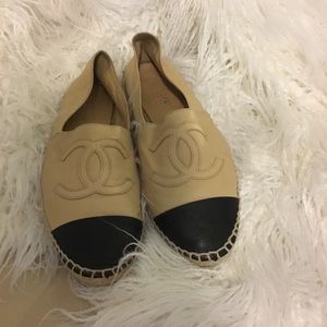 Authentic Chanel cream & black leather espadrilles